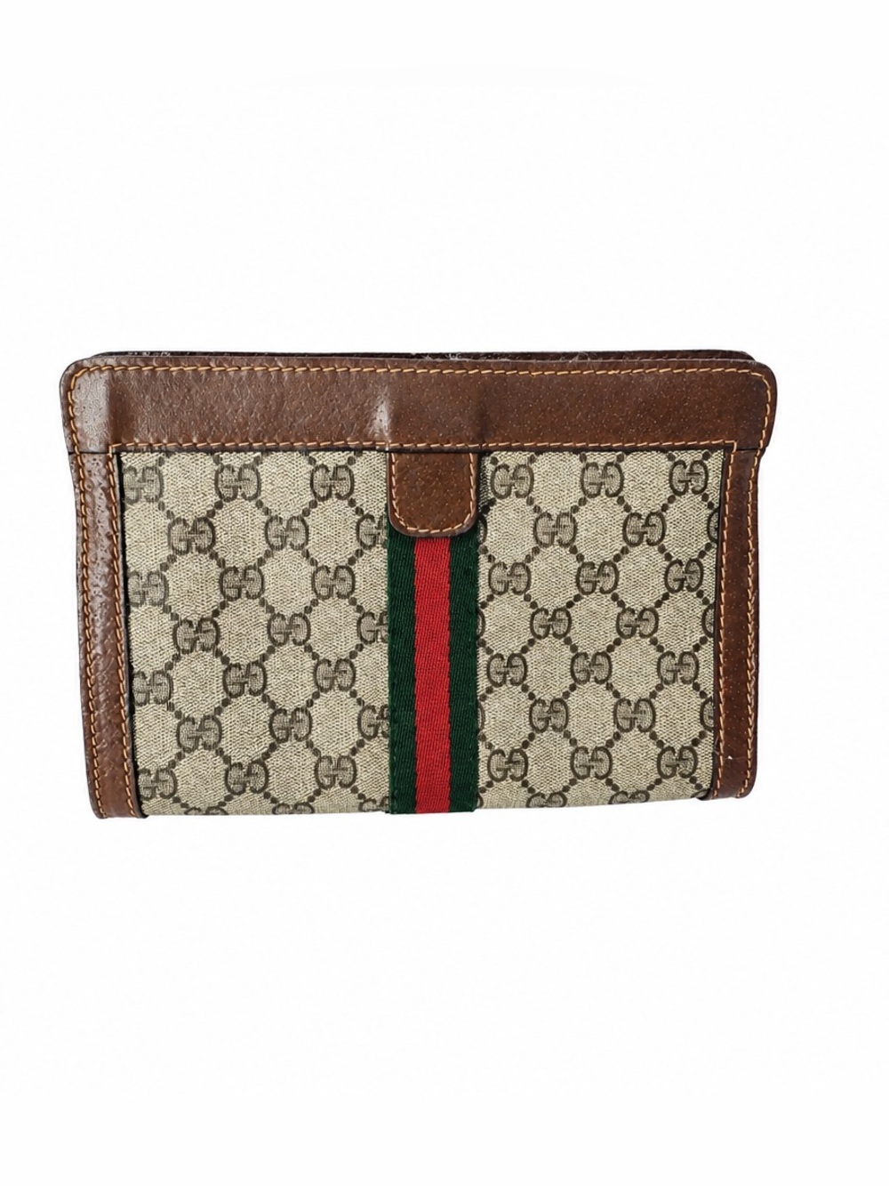Gucci Beige GG Canvas Clutch with Brown Leather and Red/Green Stripe